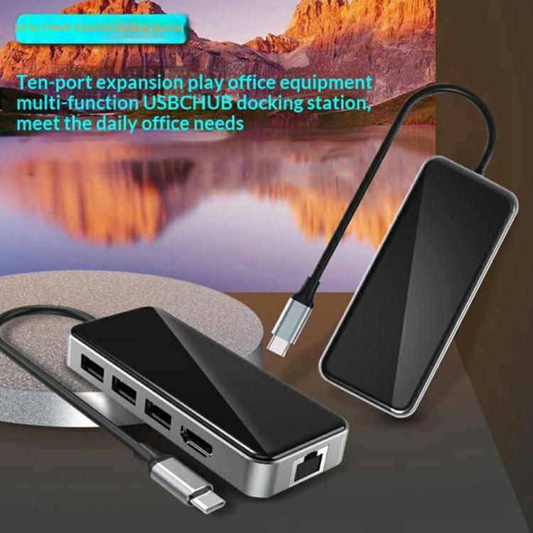 HC-76 4K HD RJ45 Ethernet SD TF Card Reader Multi Port Adapter 10 in 1 USB-C Hub Docking Station, HC-76