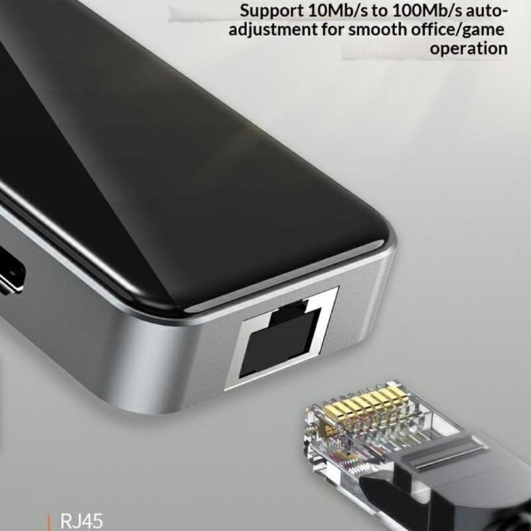 HC-76 4K HD RJ45 Ethernet SD TF Card Reader Multi Port Adapter 10 in 1 USB-C Hub Docking Station, HC-76