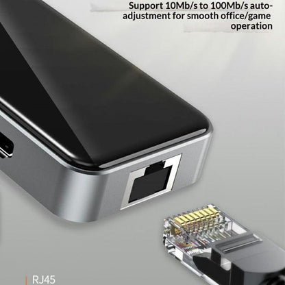 HC-76 4K HD RJ45 Ethernet SD TF Card Reader Multi Port Adapter 10 in 1 USB-C Hub Docking Station, HC-76