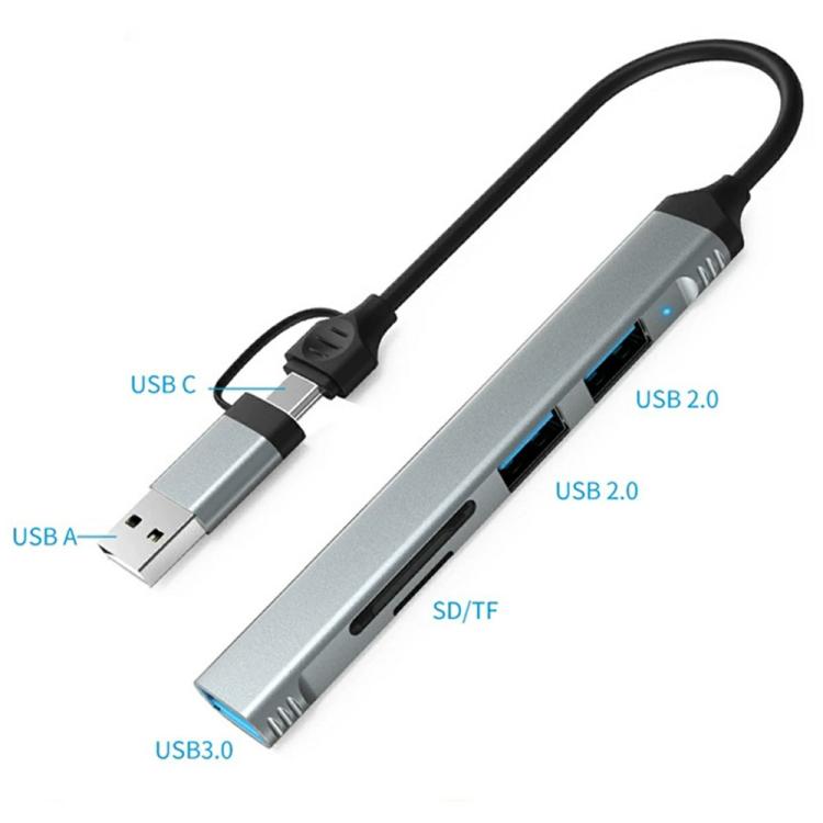 HC-77A USB-C / USB-A to USB 3.0 / 2.0 SD TF Card Reader 5 in 1 Aluminum Alloy Expansion Hub, HC-77A