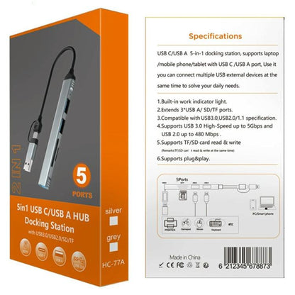 HC-77A USB-C / USB-A to USB 3.0 / 2.0 SD TF Card Reader 5 in 1 Aluminum Alloy Expansion Hub, HC-77A