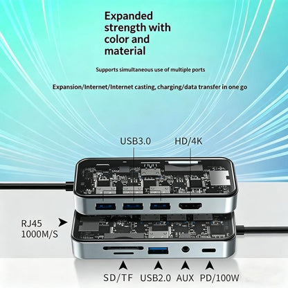 HC-87 10 in 1 USB-C Hub Gigabit Ethernet 4K HD PD 100W Charging Multi-Port Adapter, HC-87