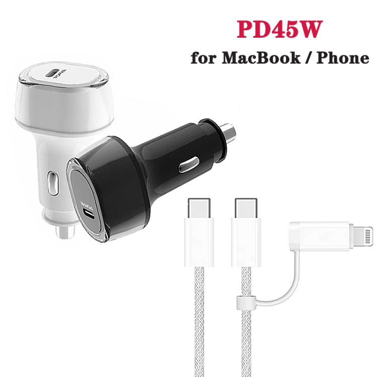 P01 PD45W Type-C / USB-C Buck Boost Car Charger with Type-C to 8 Pin and Type-C Data Cable, with Type-C to 8 Pin and Type-C Cable