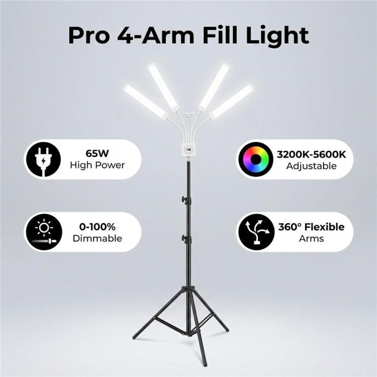 HD-150XJ 3200K-5600K Adjustable Remote Control 65W LED Photography Light 4-Arm Fill Light, US Plug, EU Plug, UK Plug, AU Plug