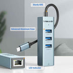 Lemorele TC43L 4 in 1 Type-C Hub Gigabit RJ45 1×USB3.0 and 2×USB2.0 Adapte
