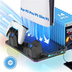 For PS5 / PS5 Slim / PS5 Pro Cooling Stand Dual Controller Charging Station Game Storage Rack
