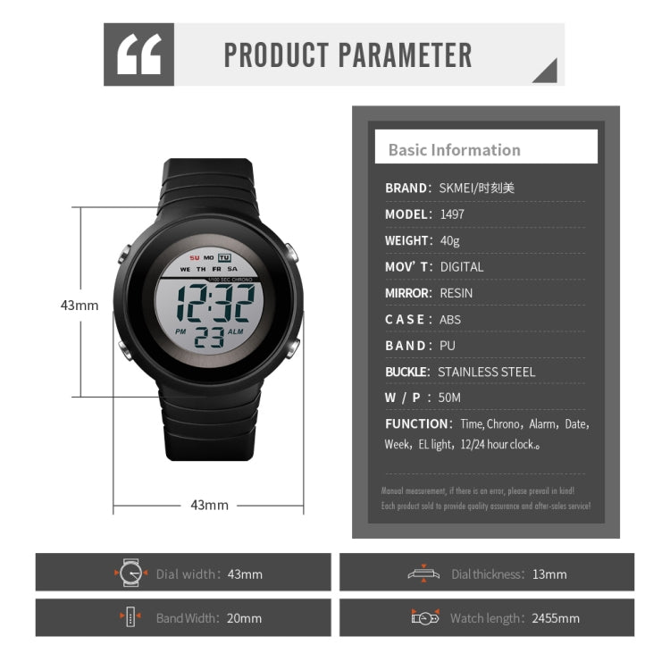 SKMEI 1497 Fashion Simple Backlight Single Display Electronic Watch Timing Alarm Watch