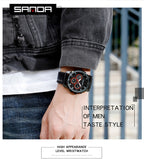 SANDA 5009 Business Fashion Three Eye Six Needle Casual Leather Waterproof Men Quartz Watch