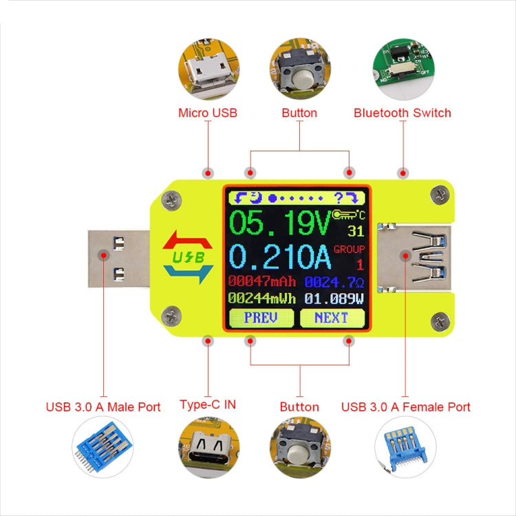USB 3.0 Color Display Screen Tester Voltage-current Measurement Type-C Meter, Support Android APP, UM34 without Bluetooth, UM34C with Bluetooth