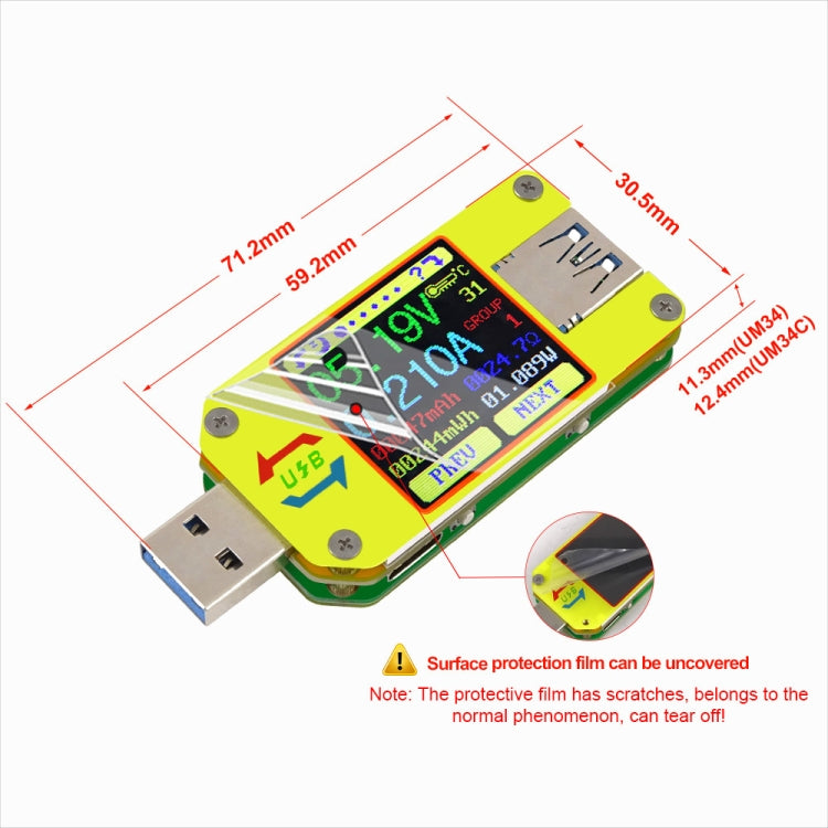 USB 3.0 Color Display Screen Tester Voltage-current Measurement Type-C Meter, Support Android APP, UM34 without Bluetooth, UM34C with Bluetooth