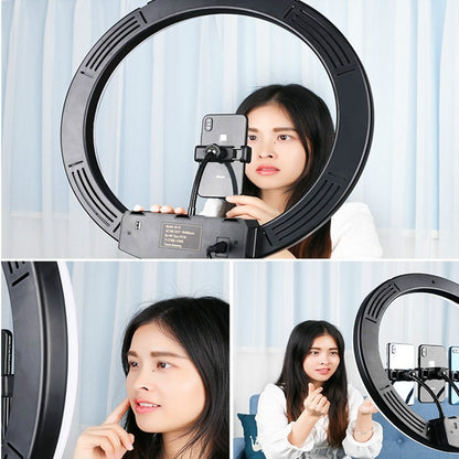Dimmable Color Temperature LED Ring Fill Light Live Broadcast Set, 14 inch+Phone Clip With 2.1m Tripod Mount, CN Plug, 18 inch+ Phone Clip With 2.1m Tripod Mount, CN Plug, 18 inch+6 Phone Clips+Microphone Pole With 2.1m Tripod Mount, CN Plug