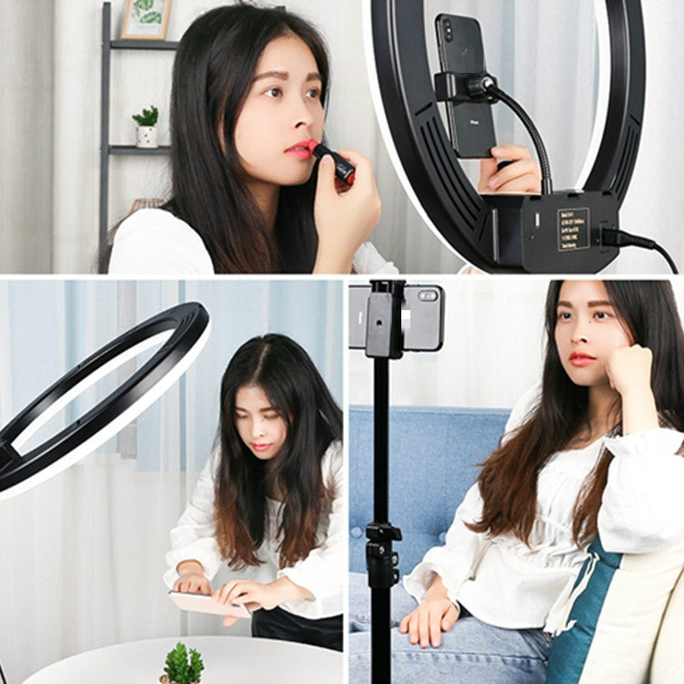 Dimmable Color Temperature LED Ring Fill Light Live Broadcast Set, 14 inch+Phone Clip With 2.1m Tripod Mount, CN Plug, 14 inch+3 Phone Clips With 2.1m Tripod Mount, CN Plug, 14 inch+4 Phone Clips+Microphone Pole With 2.1m Tripod Mount, CN Plug         ...