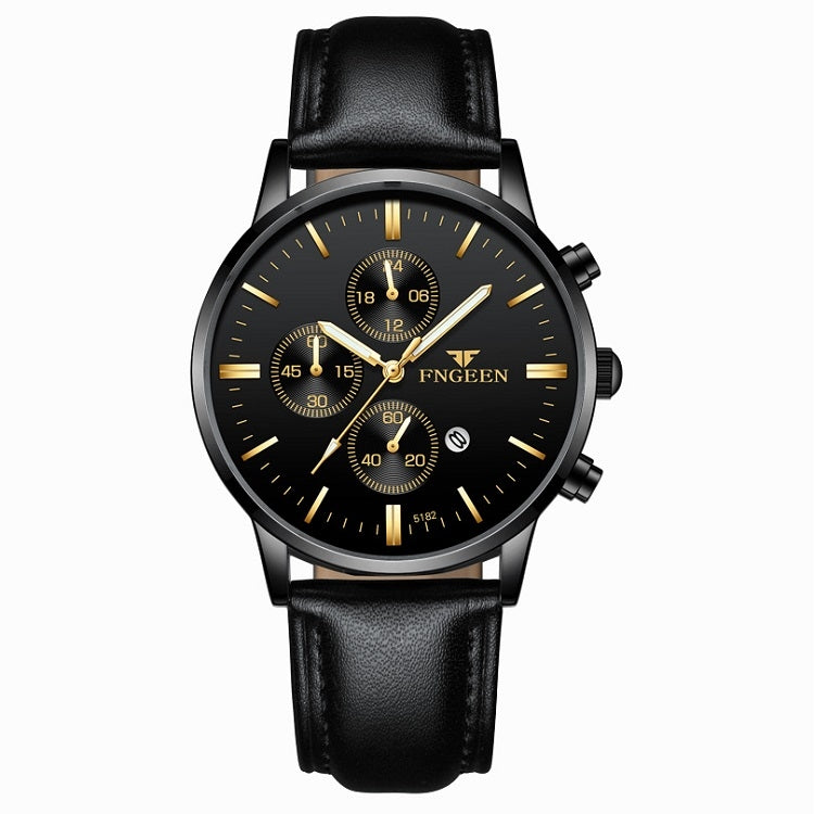 FNGEEN W5128 Men Three Eyes Subdial Luminous Quartz Watch Student Simple Watch, Black Leather Gold Shell Gold Surface, Black Leather Gold Shell Black Surface, Black Leather Gold Shell White Surface, All Black Surface Golden Nails                       ...