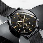 FNGEEN W5128 Men Three Eyes Subdial Luminous Quartz Watch Student Simple Watch, Black Leather Gold Shell Gold Surface, Black Leather Gold Shell Black Surface, Black Leather Gold Shell White Surface, All Black Surface Golden Nails                       ...