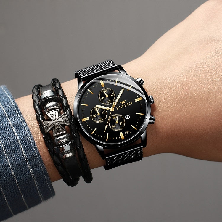 FNGEEN W5128 Men Three Eyes Subdial Luminous Quartz Watch Student Simple Watch, Black Leather Gold Shell Gold Surface, Black Leather Gold Shell Black Surface, Black Leather Gold Shell White Surface, All Black Surface Golden Nails                       ...