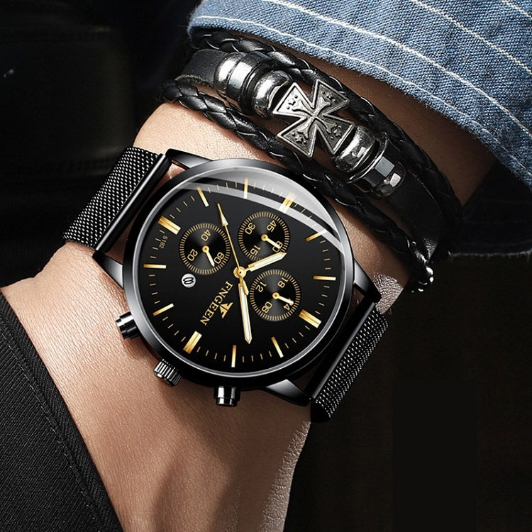 FNGEEN W5128 Men Three Eyes Subdial Luminous Quartz Watch Student Simple Watch, Black Leather Gold Shell Gold Surface, Black Leather Gold Shell Black Surface, Black Leather Gold Shell White Surface, All Black Surface Golden Nails                       ...
