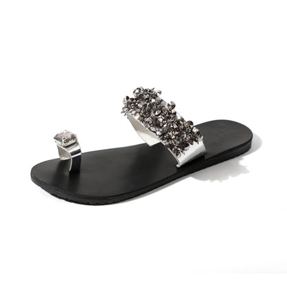 Flat Bottom Pin Rhinestone Sequins Sandals, 36, 38, 40