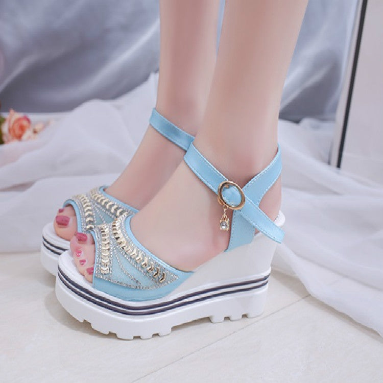 Word Buckle With Rhinestone Platform Sponge Sandals, 35, 36, 37, 38, 39