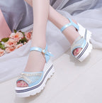 Word Buckle With Rhinestone Platform Sponge Sandals, 35, 36, 37, 38, 39