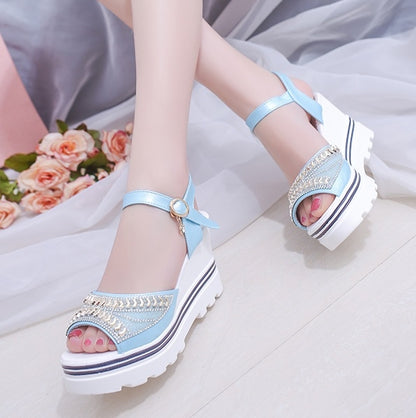 Word Buckle With Rhinestone Platform Sponge Sandals, 35, 36, 37, 38, 39