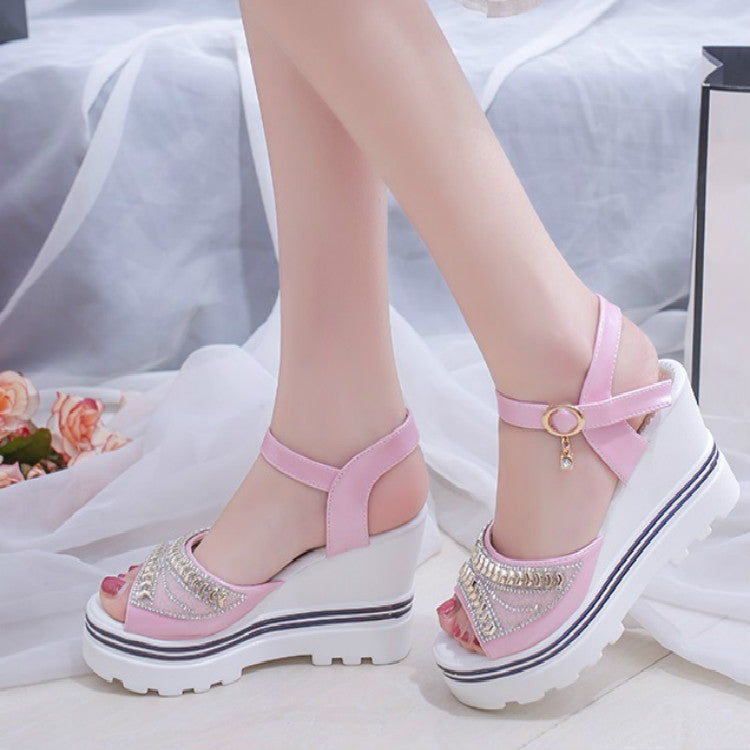 Word Buckle With Rhinestone Platform Sponge Sandals, 35, 36, 37, 38, 39