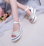Word Buckle With Rhinestone Platform Sponge Sandals, 35, 36, 37, 38, 39