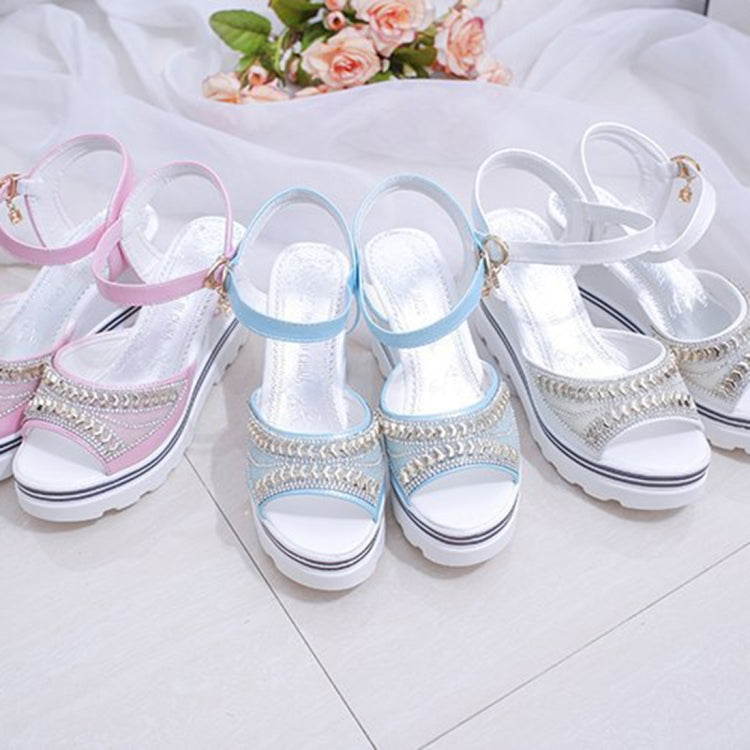 Word Buckle With Rhinestone Platform Sponge Sandals, 35, 36, 37, 38, 39