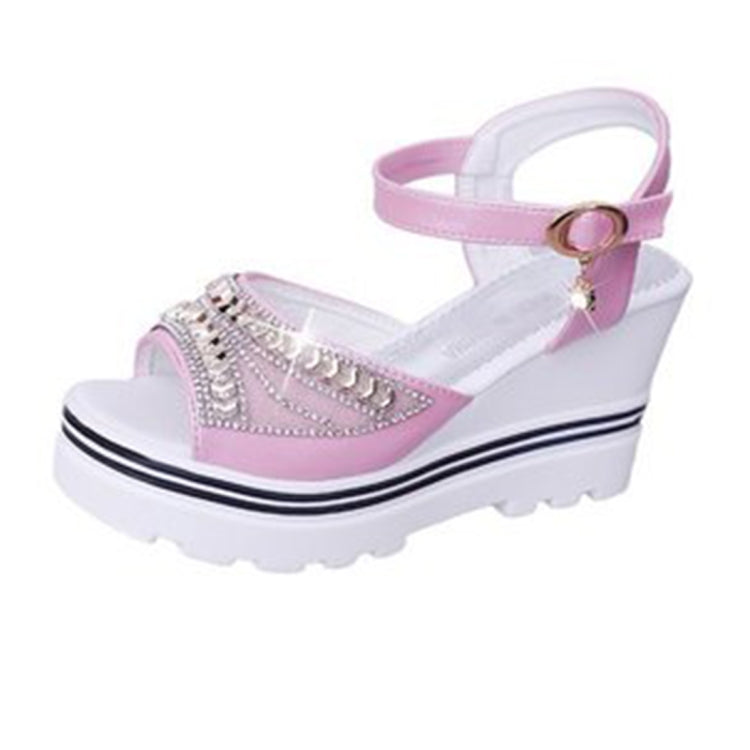 Word Buckle With Rhinestone Platform Sponge Sandals, 35, 36, 37, 38, 39