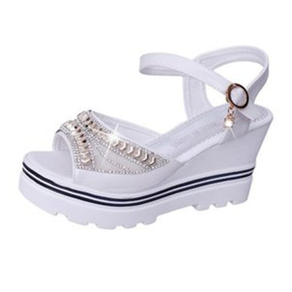 Word Buckle With Rhinestone Platform Sponge Sandals, 35, 36, 37, 38, 39