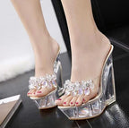 Women Diamond 14cm  High-heeled Slippers Crystal Waterproof Non Slip Bottom Thick Sandals, 34, 35, 36, 37, 38, 39, 40