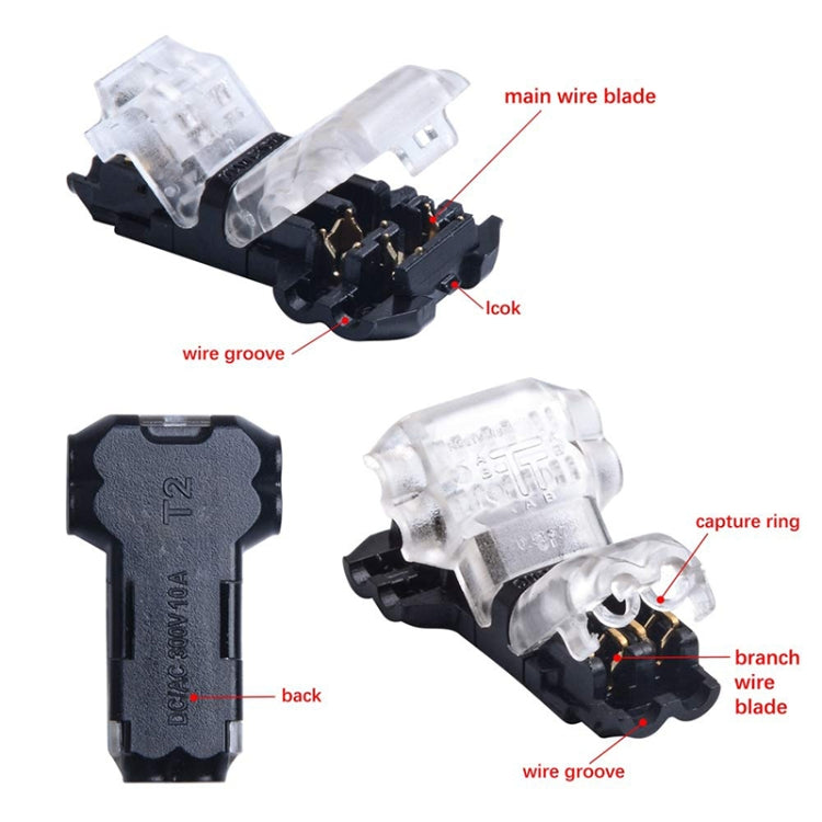 Peel-free Quick Connector Two-core T-type 2-wire Stripping Terminal Block, Random Color Delivery