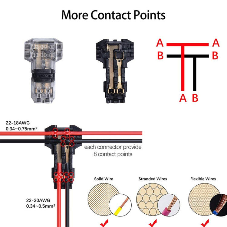 Peel-free Quick Connector Two-core T-type 2-wire Stripping Terminal Block, Random Color Delivery