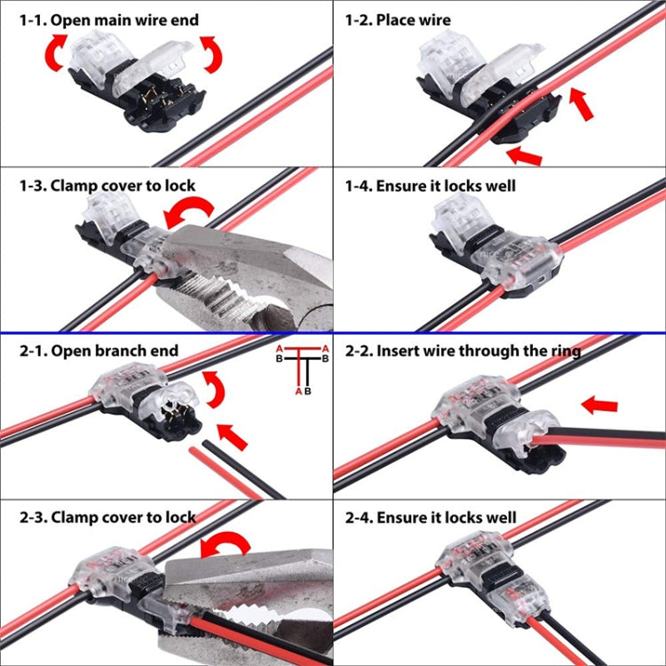 Peel-free Quick Connector Two-core T-type 2-wire Stripping Terminal Block, Random Color Delivery