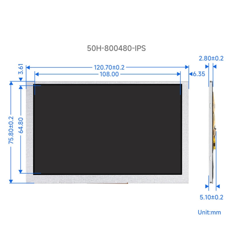 Waveshare 5 Inch DSI Display, 800 × 480 Pixel, IPS Display Panel, 5 inch No Touch, 5 inch Touch Display