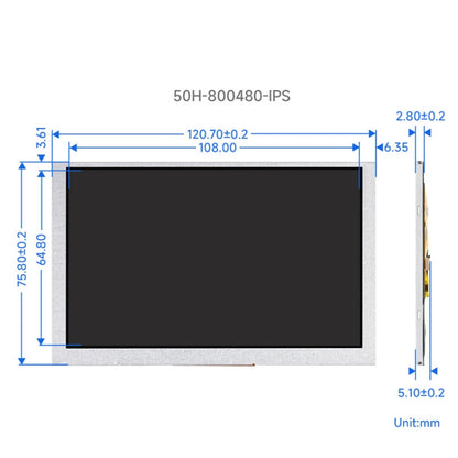 Waveshare 5 Inch DSI Display, 800 × 480 Pixel, IPS Display Panel, 5 inch No Touch, 5 inch Touch Display