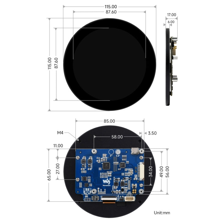 Waveshare 3.4 inch DSI Round Touch Display, 800 × 800, IPS, 10-Point Touch, 3.4 inch DSI