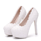 Pearl Lace Wedding Shoes Stiletto Women High Heels, 34, 35, 36, 37, 38, 39, 40, 41
