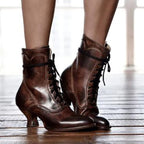 Women High Heels Large Size Lace Boots Fighter Retro PU Leather Round Toe Shoes, 34, 35, 36, 37, 38, 39, 40, 41, 42, 43
