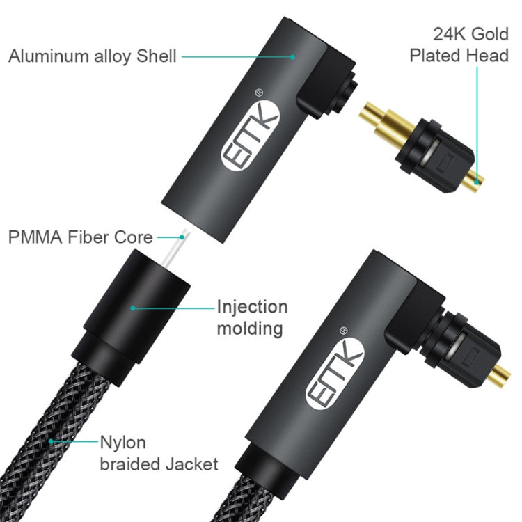 EMK 90 Degree Swivel Adjustable Right Angled 360 Degrees Rotatable Plug Nylon Woven Mesh Optical Audio Cable, 1m(Black), 1.5m(Black), 2m(Black), 3m(Black), 5m(Black), 8m(Black), 10m(Black), 15m(Black), 20m(Black), 25m(Black), 30m(Black)