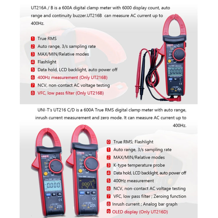 600A Digital Clamp Meter AC DC Voltage Detector, UT216A 600A, UT216B 600A, UT216C 600A