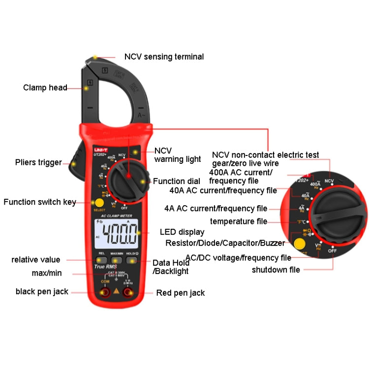 Digital Clamp Multimeter AC/DC Voltage Detector, UT202 400A, UT202+ 400A