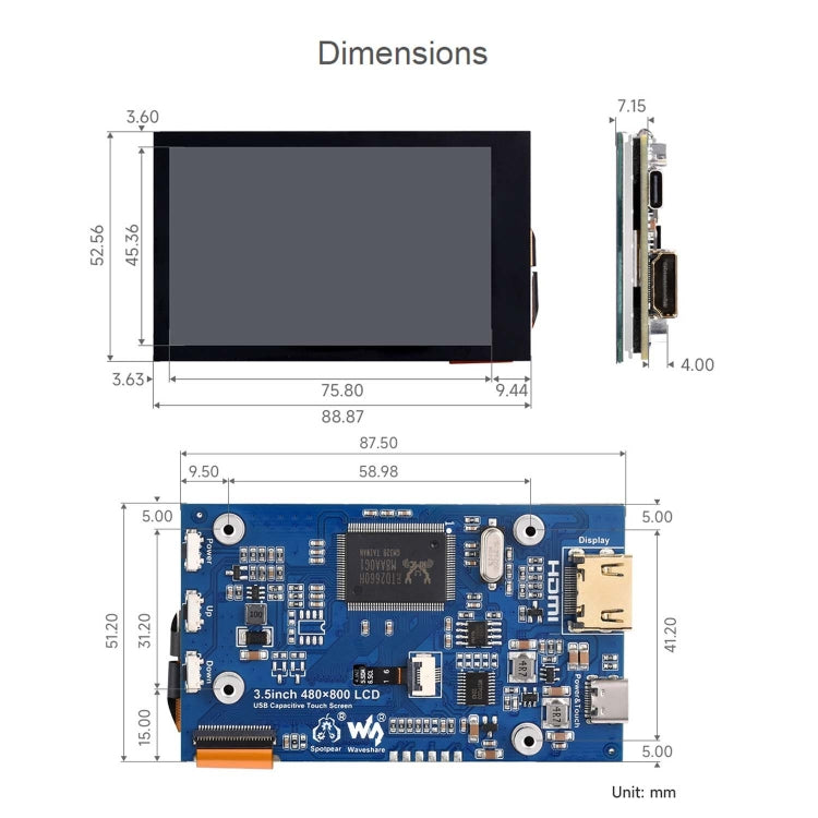 Waveshare 3.5inch 480x800 IPS Capacitive Touch LCD Display For Raspberry Pi ,HDMI Interface, 3.5 inch