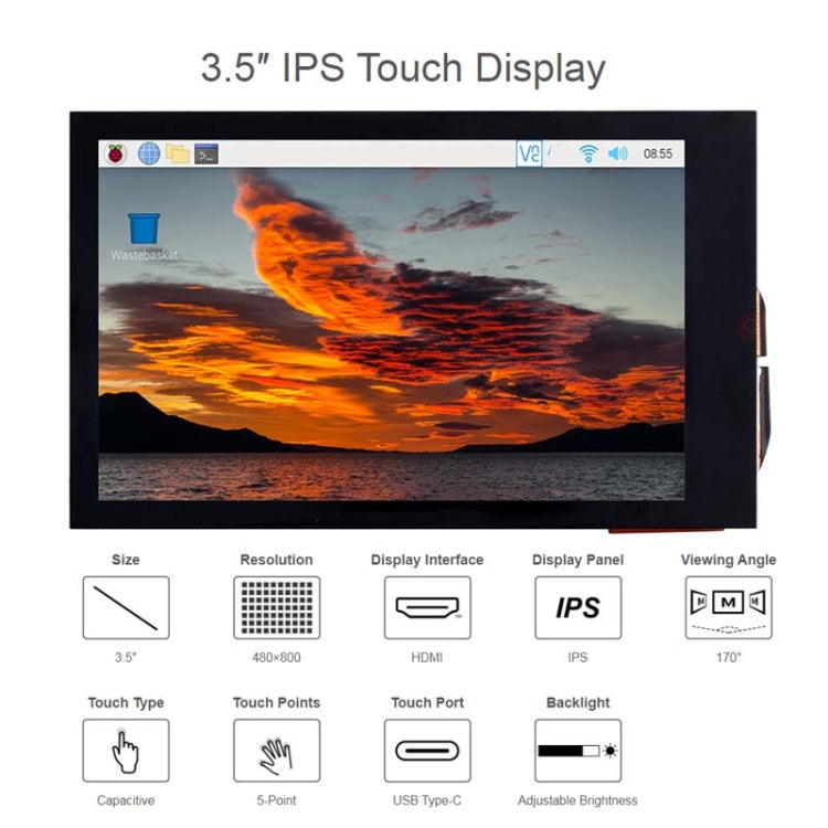Waveshare 3.5inch 480x800 IPS Capacitive Touch LCD Display For Raspberry Pi ,HDMI Interface, 3.5 inch