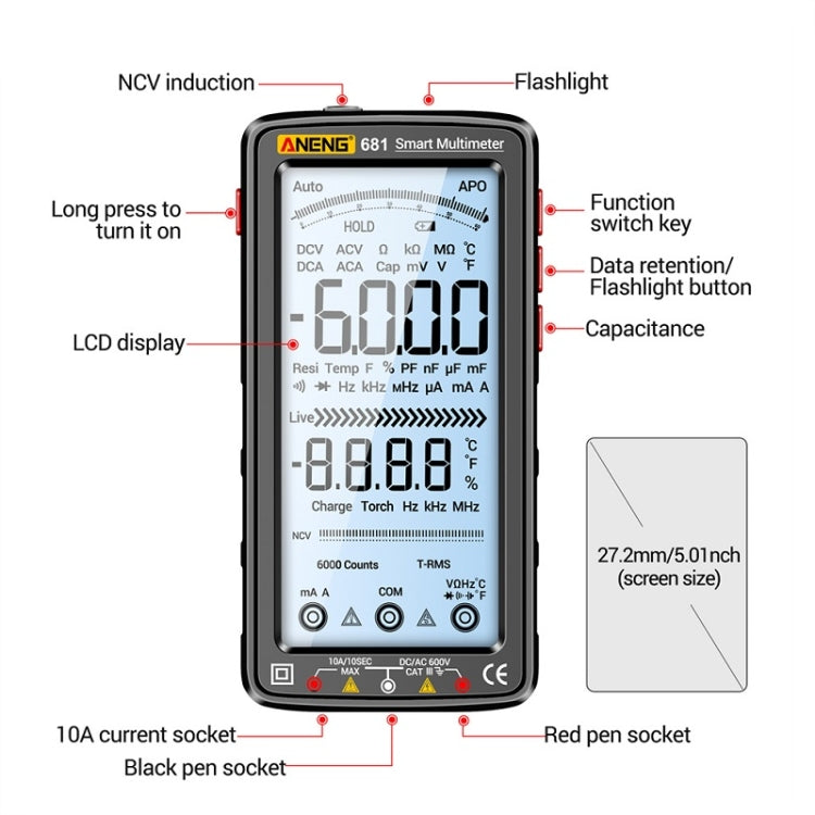 ANENG 681 LCD Digital Display Screen Smart Automatic Range Rechargeable Multimeter, 681 Red, 681 Black