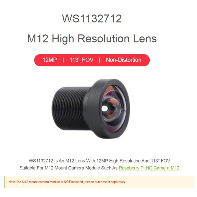 Waveshare WS1132712 For Raspberry Pi M12 High Resolution Lens, 12MP, 113 Degree FOV, 2.7mm Focal Length,23965, 23965