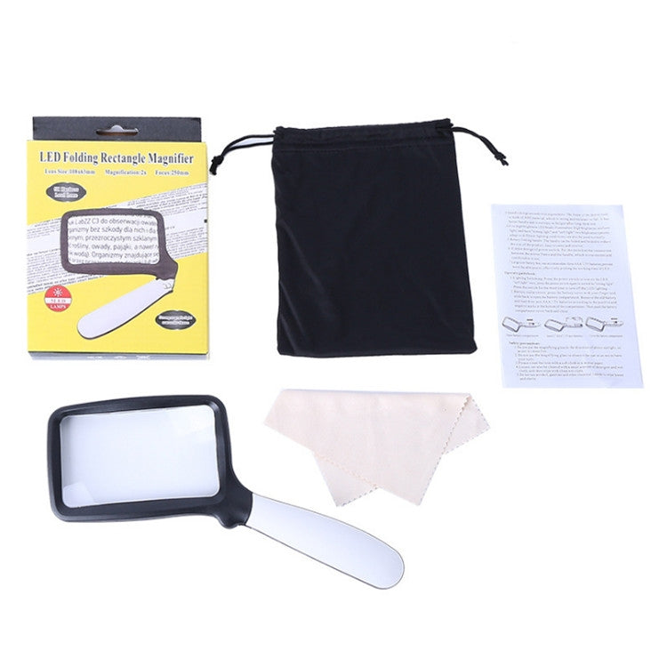 2X Handheld Folding Five LED Lights For Elderly People Reading Newspapers HD Acrylic Optical Lens Magnifying Glass, Folding With LED Lights