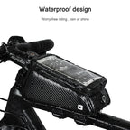 Rhinowalk Bicycle Front Tube Bag Waterproof Mobile Phone Touch Screen Multi-function Bicycle Handlebar Bag, Carbon Fiber Black, Matt Black