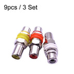 9pcs / 3 Set RCA Female to Female Straight-through Head AV Lotus Butt Joint Extension Head Audio and Video Adapter, Color Random