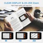 3.5 Inch 2X-25X High-Definition Handheld  Magnifying Glass Electronic Vision Aid, Black, White