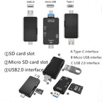 2 PCS Type-C & Micro USB & USB 2.0 3 in 1 Ports Multi-function Card Reader, Support U Disk / TF / SD, Black, White